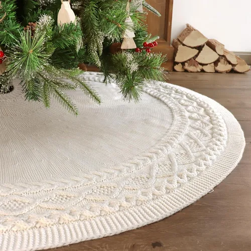 Vista 5 de Falda de árbol de Navidad de 60 pulgadas: falda de árbol grande para árbol de 9 pies, falda de árbol blanco crema de punto con borde de diamante