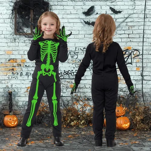 Vista 6 de Disfraces de esqueleto para niños que brillan en la oscuridad, disfraz de fiesta de Halloween con guantes para niñas y niños