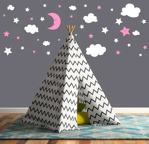 Vista 7 de Calcomanías de pared de luna creciente, estrellas y nubes, calcomanías de pared de luna y estrellas, cielo estrellado, decoración de sala