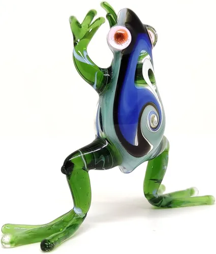 Vista 4 de Figuras en miniatura de rana animales soplados a mano, arte de vidrio, regalo coleccionable para decorar 3 pulgadas (verde azul)