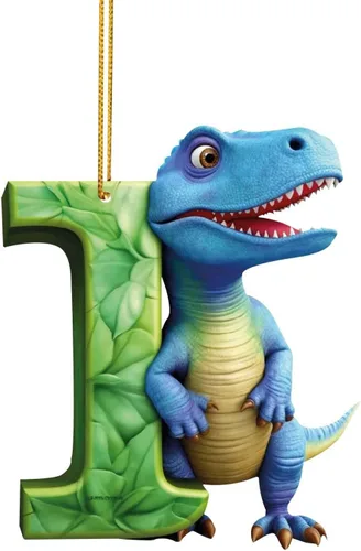 Vista 12 de Adorno de Navidad personalizado de dinosaurio de 26 letras, adornos colgantes 2023, monograma inicial de plástico, decoraciones de árbol de Navidad