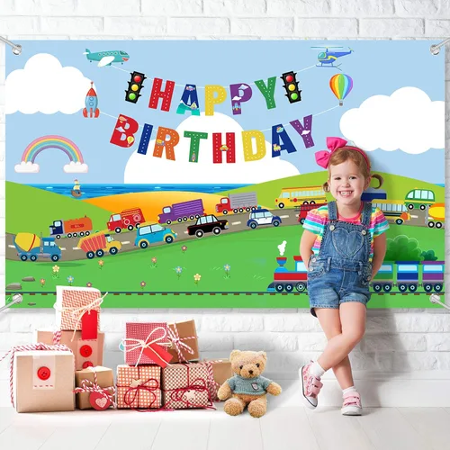 Vista 4 de Tatuo Transporte, decoración de fiesta de cumpleaños, telón de fondo de tráfico, fotografía, transporte, pancarta de feliz cumpleaños, decoración