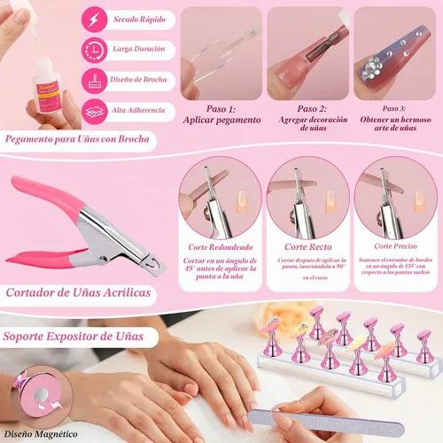 Vista 6 de Kit de uñas postizas acrílicas, kit de uñas postizas a presión con puntas de uñas transparentes de ataúd, soporte de exhibición de uñas, calcomanías