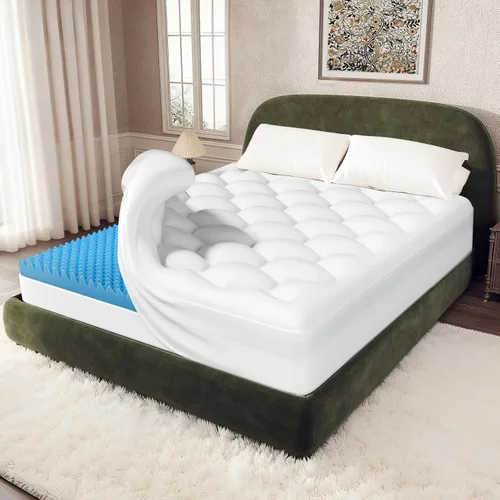 Vista 11 de OhGeni Cubrecolchón de espuma viscoelástica individual XL de 2 pulgadas con funda, funda de cama suave con base antideslizante, mejorado con gel