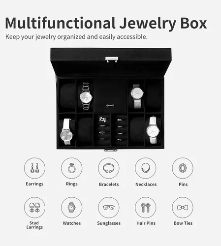 Vista 6 de Oyydecor Joyero organizador de caja de reloj con 8 ranuras para almacenamiento de relojes, estuche organizador de joyas con espejo (negro)