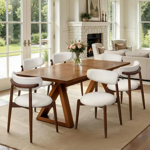 Vista 21 de CHUN YI Juego de 2 sillas de comedor tapizadas de madera maciza, sillas auxiliares de cocina de tela moderna de mediados de siglo con respaldo Beige