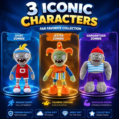 Vista 2 de Dyharnsty 3 piezas de juguetes de peluche de Plants vs Zombies, Zombie Sport Jester Gargantuar Zombi, figura suave, plantas contra zombies, juguetes
