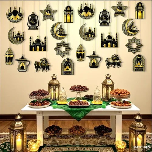 Vista 5 de KatchOn, Decoraciones de Eid Mubarak en negro y dorado – Paquete de 36 Decoración colgante de Eid, guirnalda de Eid para decoraciones de Eid