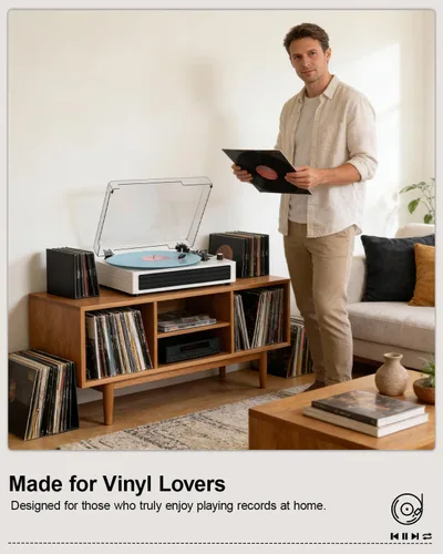 Vista 9 de Tocadiscos de vinilo Bluetooth, reproductor de vinilo retro de 3 velocidades con altavoces integrados, entrada AUX, parada automática, grabación