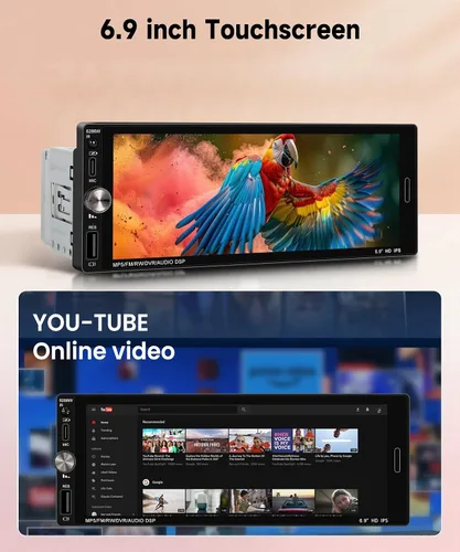 Vista 3 de Radio de Coche Una DIN Estéreo con Carplay Inalámbrico y Android Auto, Radio con Pantalla Táctil HD IPS de 6.9", Receptor de Audio Bluetooth 5.2