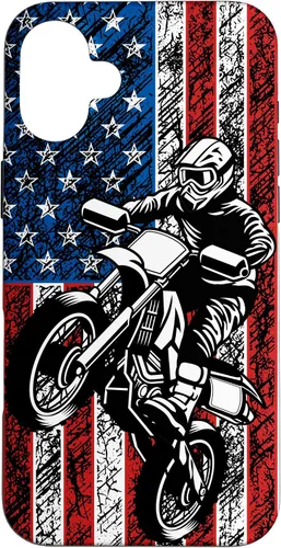 Vista 22 de Funda vintage con bandera estadounidense para iPhone 16 Motocross Dirt Bike