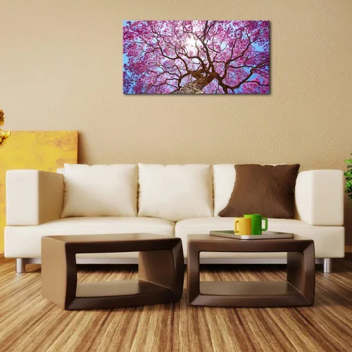 Vista 6 de Pyradecor Lienzo decorativo grande de árbol de cerezo rosa para pared, diseño de paisaje de ramas florales moradas, paisaje de naturaleza moderna