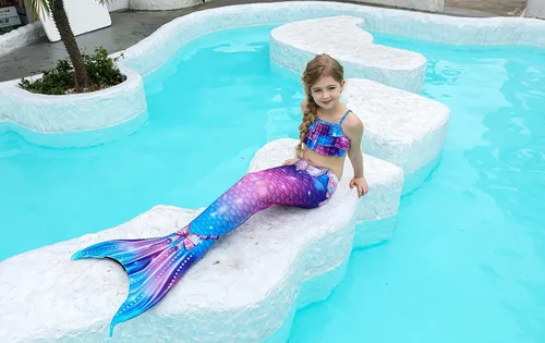 Vista 6 de DNFUN Colas de sirena para nadar para niñas, traje de baño de sirena con monoaleta