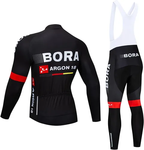 Vista 32 de Conjunto de ropa de ciclismo para hombre, manga larga, jersey de ciclismo con cremallera, bolsillo, traje de bicicleta, pantalones con babero de gel