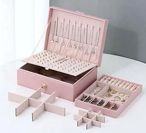 Vista 3 de ProttyLife Caja organizadora de joyas de 2 capas para mujer, organizador grande con cerradura para joyas, para aretes, anillos, collares (rosa nuevo)