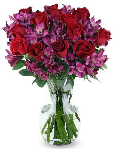 Vista 8 de Benchmark Bouquets - Rosas clásicas y alstroemeria (jarrón de cristal incluido) - Flores frescas para entrega al día siguiente - Regalo