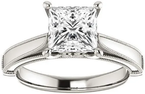Vista 2 de Juego de novia con soltario de catedral con detalle de voluta, talla princesa 3.05 quilates, diamante moissanita incoloro, anillo de plata de ley