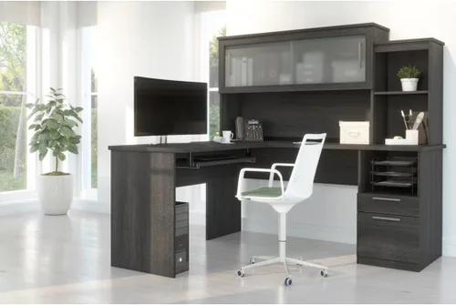 Vista 2 de Bestar Dayton 63W 65W Escritorio en forma de L con gabinete en corteza gris