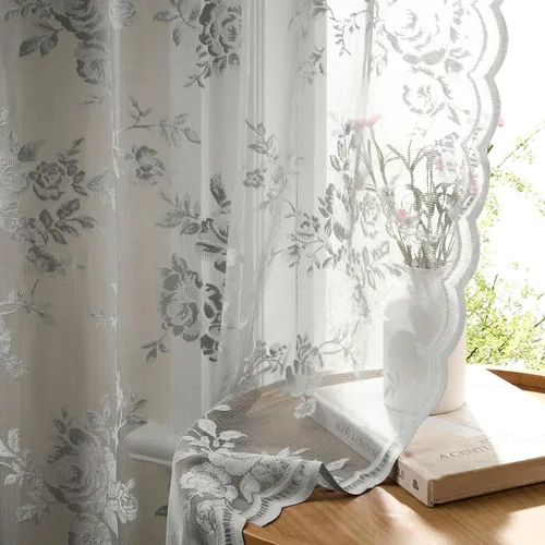 Vista 31 de Cortinas de encaje beige, juego de 2 paneles de cortinas traslúcidas con bolsillo para cortinero, decoración de ventana pequeña, baño, sótano