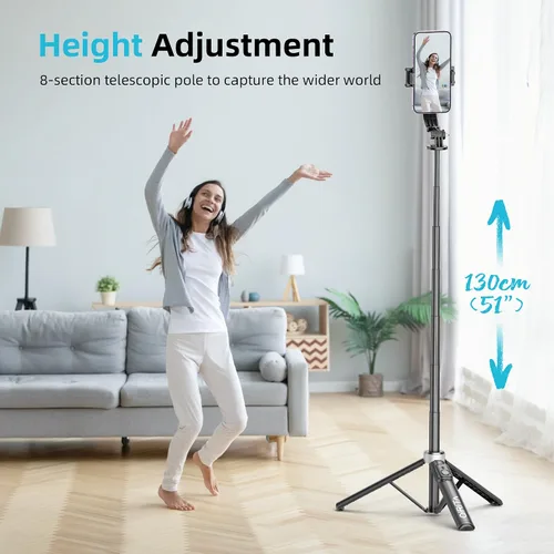 Vista 3 de Trípode para palo de selfie de 51 pulgadas, soporte extensible para teléfono celular con control remoto, trípode de viaje de aleación de aluminio