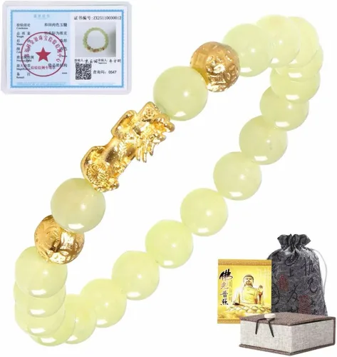 Vista 10 de Feng Shui Wealth Lucky Bracelet with Light Green Real Jade Bracelet for Women Men, 24K Gold Plated PiXiu Dragon Protection Bracelet Mantra Prayer
