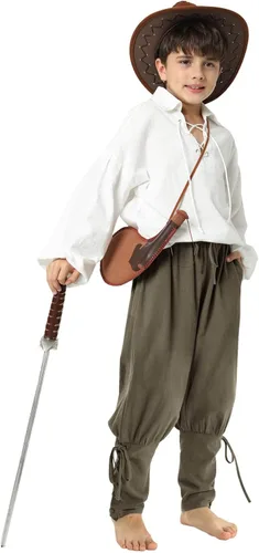 Vista 2 de Pantalones de tobillo medievales para niños y niños, disfraz de pirata vikinga, con cordones y bandas cónicas, pantalones góticos