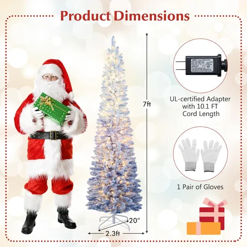 Vista 7 de Goplus Árbol de Navidad Artificial Delgado Tipo Lápiz con Bisagras de 7 Pies con Efecto Nieve Azul Degradado, Pre-Iluminado con 290 Luces LED
