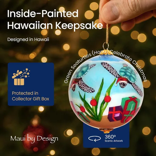 Vista 3 de Adorables tortugas marinas celebran la Navidad pintado a mano ornamento hawaiano