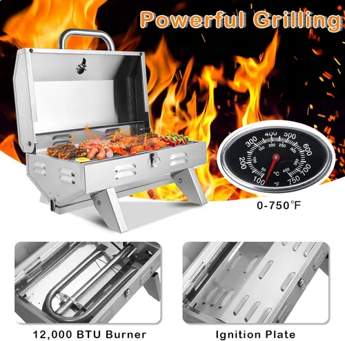 Vista 3 de ROVSUN Parrilla portátil de gas propano de 12,000 BTU, parrilla de cocina al aire libre para picnic, camping, caravana, patio, jardín, barbacoa