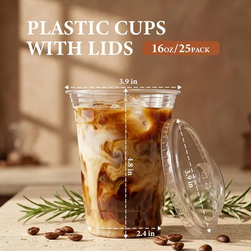 Vista 2 de Paquete de 25 vasos de plástico transparente de 16 onzas con tapas para sorber, sin BPA, aptos para alimentos, desechables, tazas de café helado