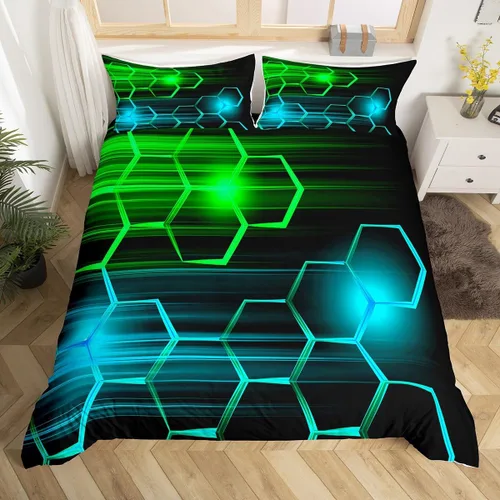 Vista 28 de Feelyou Juego de ropa de cama verde y negro tamaño individual para niños y adolescentes, juego de funda de edredón con temática hexagonal