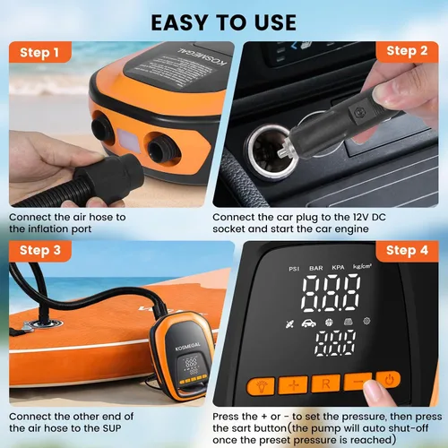Vista 7 de Bomba eléctrica portátil para tabla de remo kosmegal, bomba SUP para tabla de remo, compresor de aire de 20 PSI con apagado automático, función