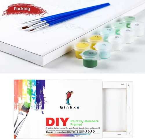 Vista 7 de Ginkko Kit de pintura por números para adultos, principiantes y niños de 8 a 12 años con marco de madera, fácil acrílico sobre lienzo de 8 x 12