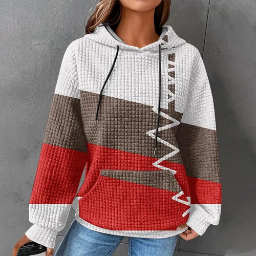 Vista 2 de Sudadera casual con capucha y bolsillo para mujer, con bloques de color, ligera, a la moda