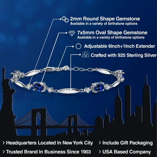 Vista 87 de Gem Stone King 925 Sterling Silver Gemstone Birthstone and White Created Sapphire Tennis Bracelet For Women Oval 7X5MM and 2MM 6 Inch + 1 Inch