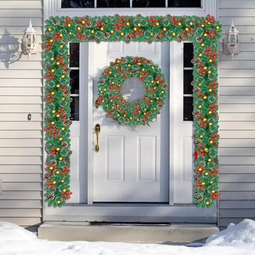 Vista 5 de Guirnalda de Navidad con luces, guirnalda de 30 luces LED de 9 pies, funciona con pilas, decorada con piñas, bayas, pino nevado artificial