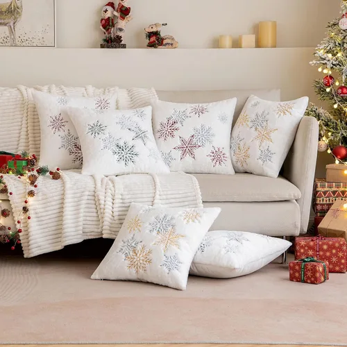 Vista 5 de MIULEE - Juego de 2 fundas de almohada decorativas de Navidad, de pelo sintético suave con bordado de copos de nieve, almohadas lindas de invierno