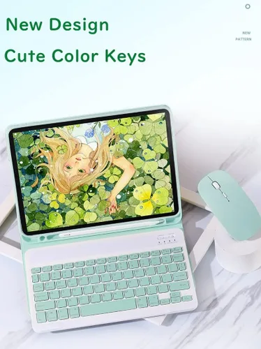 Vista 4 de Teclado de color para iPad 6ª 5ª generación Air 2 iPad Pro 9.7 Funda de teclado con mouse Linda funda de teclado inalámbrico desmontable extraíble