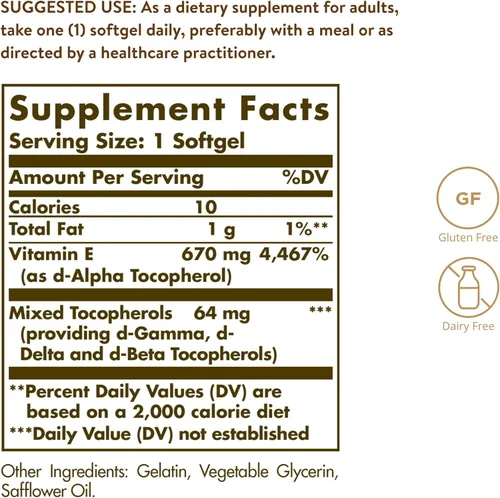 Vista 2 de Solgar, Vitamina E, 1.000 IU de D-Alfa-Tocoferol Mixto y Cápsulas Blandas de Tocoferol Mixtas, 100 Unidades, E3561, 1, 1