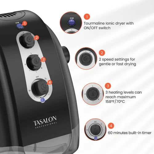 Vista 9 de TASALON Ionic - Secador de pelo con capucha, color gris, secador de pelo profesional para el hogar y el salón con 3 ajustes de temperatura