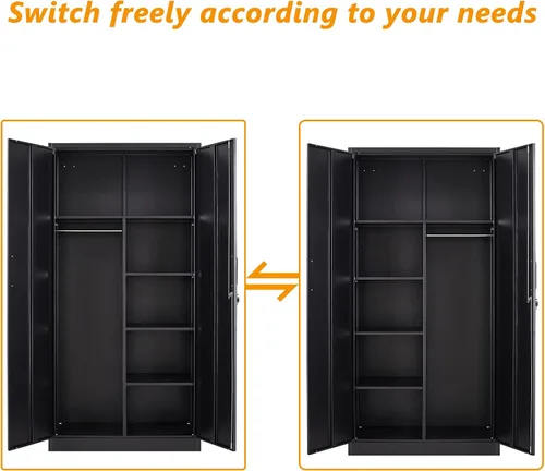 Vista 7 de STANI Gabinete de almacenamiento de metal, gabinete de almacenamiento de metal con bloqueo de 72 pulgadas con estantes y barra para colgar, gabinete