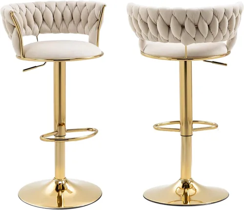 Vista 8 de Juego de 2 taburetes de bar giratorios de altura ajustable y 360, silla de recepción redonda moderna, silla de bar de terciopelo dorado, silla alta