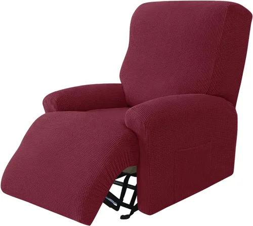 Vista 12 de Funda elástica de jacquard para silla reclinable, funda de sofá de poliéster de 4 piezas con bolsillo lateral, lavable a máquina