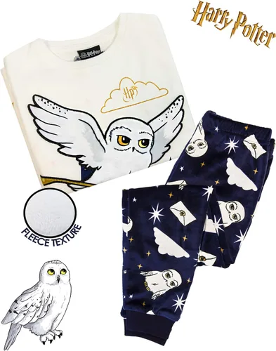 Vista 3 de Harry Potter Pijama Hedwig de manga larga y pantalones de forro polar para niñas, Marfil