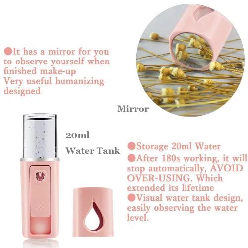 Vista 3 de Vaporizador Facial Portátil Nano Mini Atomizador Facial para Atomización de Extensiones de Pestañas con Espejo y Tanque de Agua Visual de 20ml