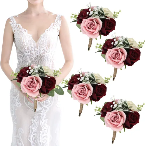 Vista 11 de Ramo de dama de honor artificial para boda, ramo de flores de seda prefabricadas de 7 pulgadas, ramo de flores pequeñas para dama de honor