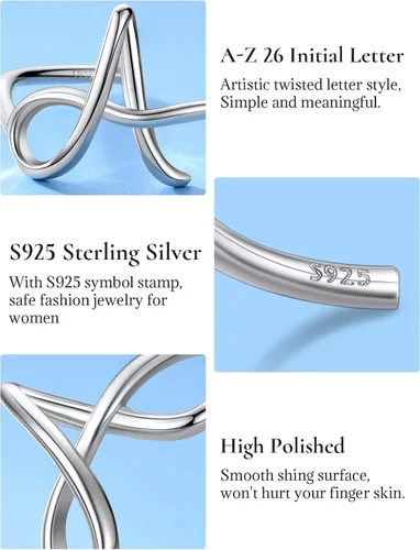 Vista 5 de SILVERCUTE S925 Initial Rings, Adjustable Size 6-12 Statement Alphabet Letter A-Z Jewelry Personalized Twisted Initials Rings Sterling Silver