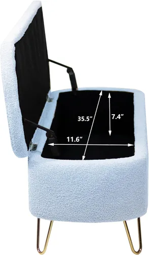 Vista 3 de TTK Otomana con almacenamiento para dormitorio, moderno banco otomano de piel sintética con patas de metal dorado, banco de entrada largo de sherpa