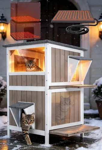 Vista 15 de Heated Cat House for Outside,Weatherproof Insulated Feral Shelter Solid wood structure with 6-sided insulated liner & certified heating pad. Keeps