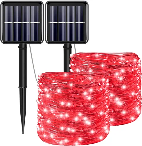 Vista 11 de Tira de luces solares azules de Navidad al aire libre impermeables, 2 paquetes, total 200 LED, 20.1 m, 8 modos, luces de hadas de cobre